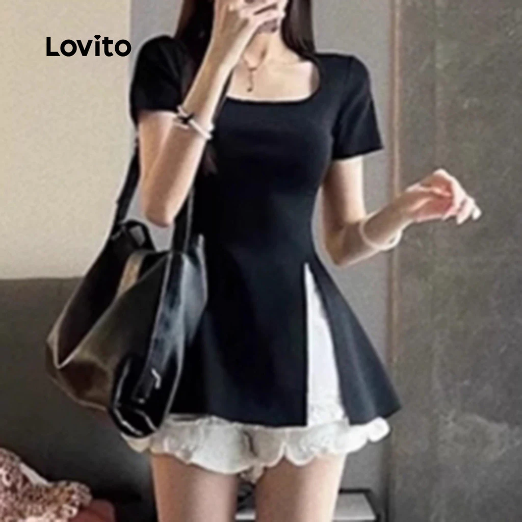 Lovito x Gladish Women Casual Plain Split Front T-Shirt