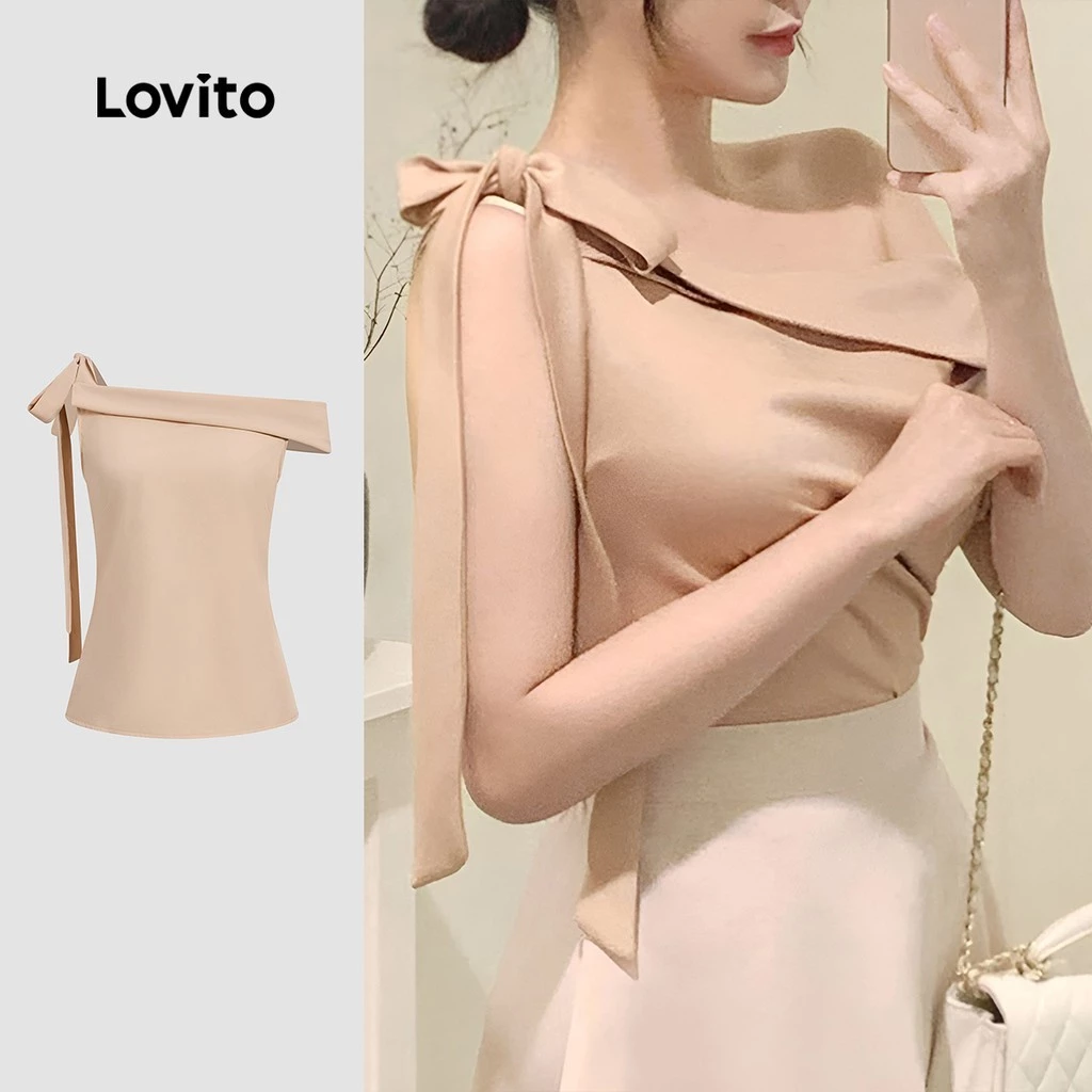 Lovito Elegant Blouse Plain Knot Pleated Ruched Blouse for Women