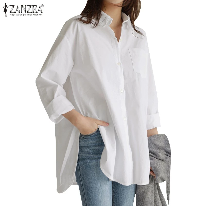 ZANZEA Women Casual Long Sleeve Loose Split Hem Plus Size Blouse