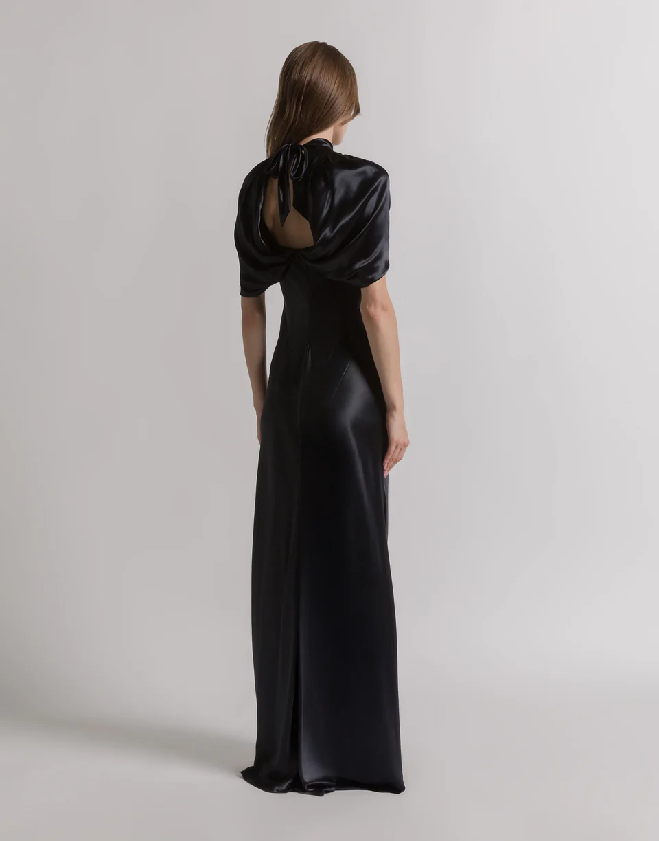 Satin evening dress with cape sleeves