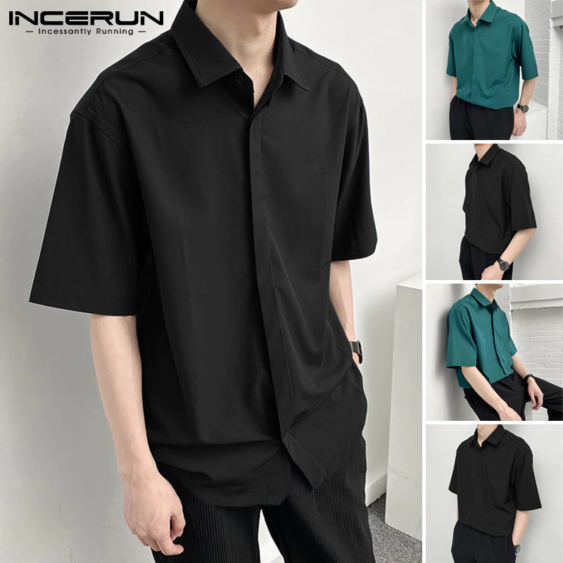 INCERUN Men's Fashion Plain Short Sleeve Buttons Loose Casual Shirts