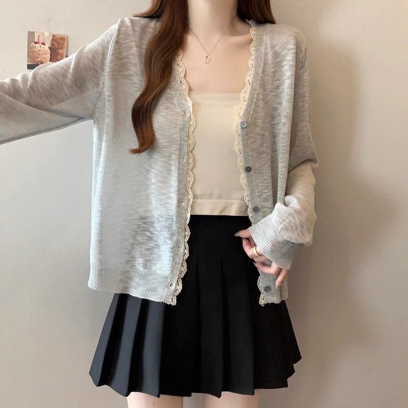Korean style lace chic sun protection knitted cardigan with patchwork trim, new style coat sweater, spring top.