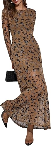 Verdusa Women's Floral Mesh Maxi Dresses Elegant Formal Long Sleeve Spring Wedding Guest Dress Cocktail