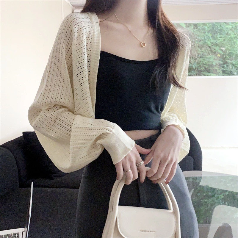New Cardigan Women's Lantern Sleeves Loose All-Match Short Knitted Sunscreen Top